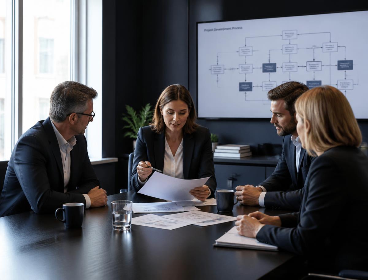 Equipe profissional reunida analisando processos em ambiente corporativo